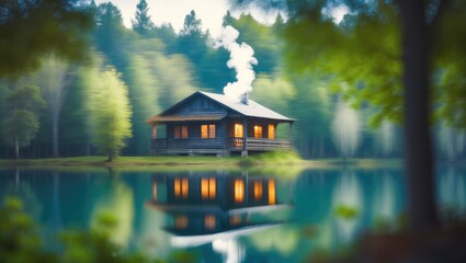 Poster - Peaceful retreat featuring a cabin with a blurred natural background and smoke rising from the chimney
