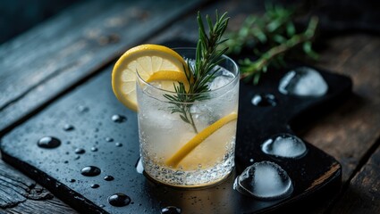 Poster - Refreshing gin cocktail with lemon, rosemary, and ice on rustic black wooden table