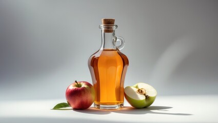 Poster - White background with apple vinegar in a glass bottle