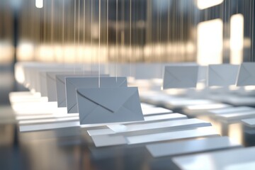 Poster - Floating envelopes suspended in mid-air showcasing creative mail art in a bright setting