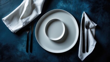 Poster - White craft plate with cutlery and napkin on dark table top view, ideal for menu layout and recipe background