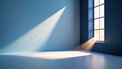 Poster - Minimalist blue background with diagonal shadow and sunlight rays for product presentation
