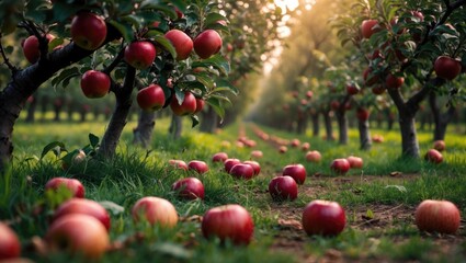 Aufkleber - Apple trees in rows during harvest, with apples fallen to the ground in an orchard