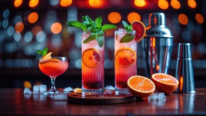 Poster - Aperol Spritz with orange slices served on a bar counter and summer sangria or red cocktail with ingredients