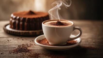 Poster - Frothy cappuccino with cocoa dusting served with chocolate cake on a wooden cafe table background