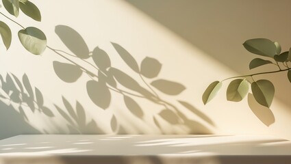 Poster - Background Wall Studio with Light, Leaf Shadow, Empty Texture Room Featuring Sunlight on Table Top, Banner Surface Mockup for Product Display