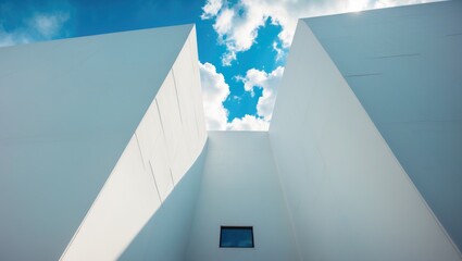 Poster - Contemporary design featuring expansive white building walls set against the sky and clouds