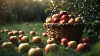 Aufkleber - Basket of apples on lush green grass during harvest season