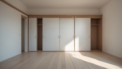 Poster - Empty room featuring built-in sliding wardrobe doors along one wall and wooden carpentry with an access door to other rooms