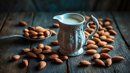 Poster - Almond milk served in a jar alongside almonds and nuts on a rustic table