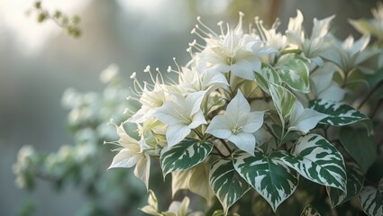 Fototapete - A white bougainvillea with variegated foliage showcasing floral beauty
