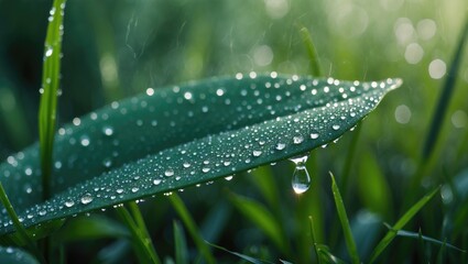 Poster - Morning dew sparkling on lush grass with a vibrant natural background of wild plants.