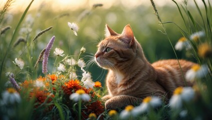 Aufkleber - American Shorthair cat exploring wildflowers and smelling blossoms