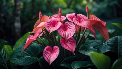 Aufkleber - Anthurium pink and green flowers in a garden setting
