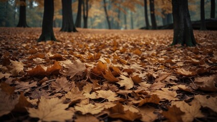 Poster - Abundant fallen leaves creating a dry leaf carpet on the forest floor