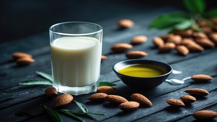 Poster - Almond milk and oil set against a natural background