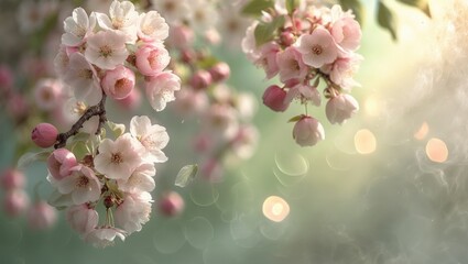 Poster - Springtime floral background with pink and green blossoms