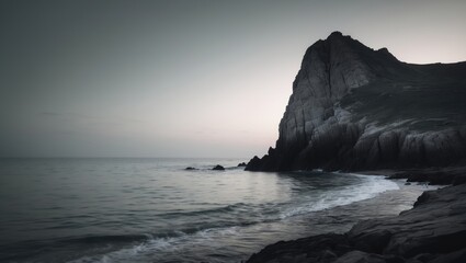 Poster - Serene coastline scene featuring a solitary rocky outcrop under calming evening sky with ambient light and tranquil water reflections
