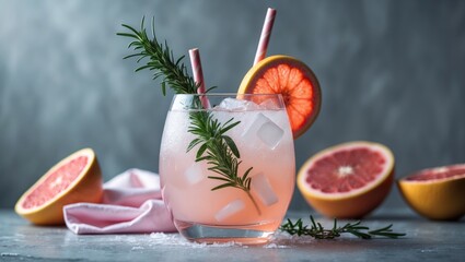 Poster - Trendy summer cocktail with grapefruit, rosemary, and ice served in a glass with citrus slices
