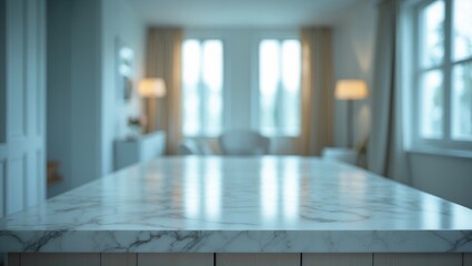 Poster - Blurred room interior with marble table backdrop