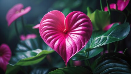 Aufkleber - A vivid pink Anthurium flower with a heart-shaped, glossy pink spathe as a stunning natural backdrop