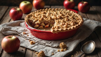 Poster - Freshly baked apple crumble presented on wood surface with whole apples nearby