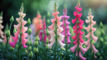 Wall Mural - Vibrant Antirrhinum majus flowering plant with colorful blossoms, green foliage, and stems in a garden setting