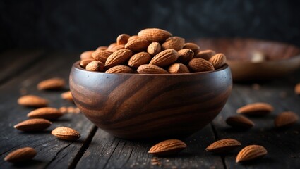 Poster - Dark wooden table with almonds in a rustic wooden bowl