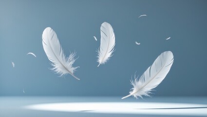 Poster - Abstract Blue Sky with Falling Feather Patterns and Floating Birds