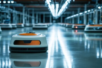 Poster - Advanced robotic devices operate in a large warehouse during nighttime hours