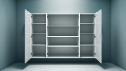 Poster - Bathroom cabinet mockup with open shelves, highlighting clean design, wood panels, and bright interior for product display and storage.