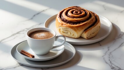 Poster - Freshly baked cinnamon bun with cocoa and spice filling paired with coffee or cappuccino on a white marble table with a white background and ample copy space.