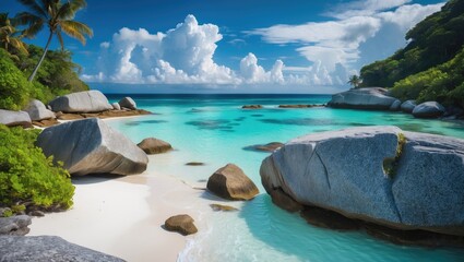 Aufkleber - Anse Source d'Argent - stunning beach with granite rocks on a tropical island