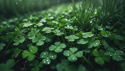 Poster - Top view of lush green clover leaves with dew drops on grass in a natural outdoor setting