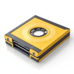 Poster - A yellow, square data storage device with black accents.