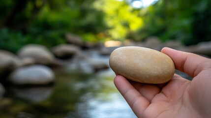 Aufkleber - A hand delicately cradles a smooth, oval river stone, illuminated by soft natural light amidst a serene forest backdrop, creating a peaceful atmosphere