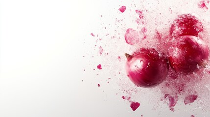 Aufkleber - A single red onion bursts with dynamic energy, water droplets reflecting light as onion layers freeze in motion against a bright white backdrop
