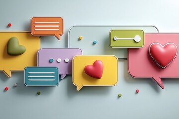 Fototapete - Modern Healthcare Chatbot Design Featuring Colorful Speech Bubbles and Heart Symbols Emphasizing User Engagement and Digital Interaction