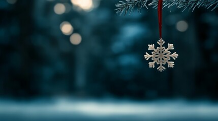Poster - a delicate white snowflake-shaped ornament, tied with a red bow, hangs gracefully from a pine branch