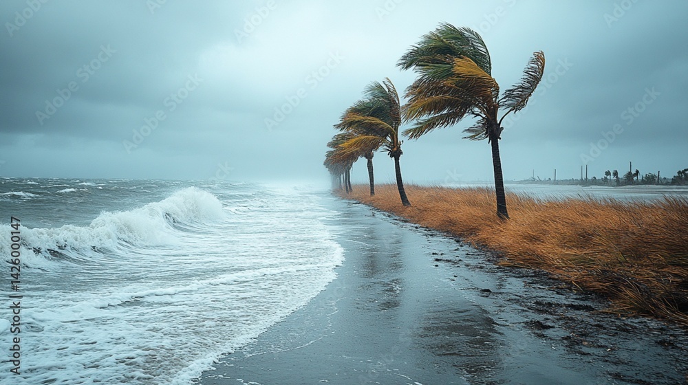hurricane with strong wind and rain bending palm trees Stock Photo ...