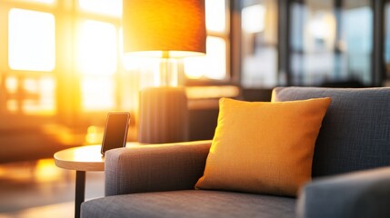 Poster - A smartphone rests on a wooden side table next to a cozy armchair with a throw pillow, illuminated by warm light, creating a calm evening atmosphere