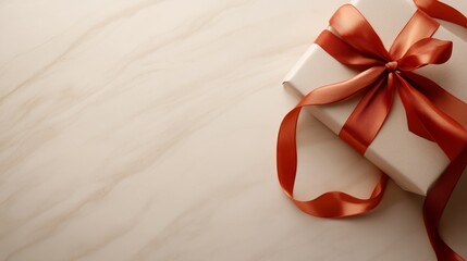 Poster - A close-up view showcases a beautifully wrapped gift card adorned with a glossy red ribbon, set against a pristine white marble surface, enhancing its elegance