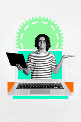 Poster - Creative pinup collage of person in netbook with cog gear wheel demonstrate hand white color background