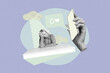 © deagreez - Creative banner collage of person sit table with hand show cell phone zero likes on purple background