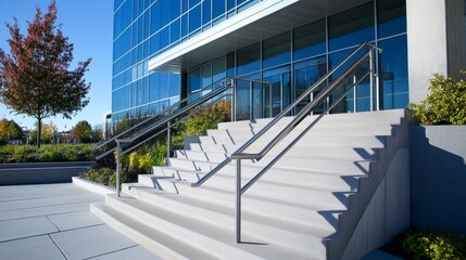 Poster - Elegant concrete staircase with a brushed metal railing leading up to a modern building entrance