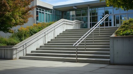 Poster - Elegant concrete staircase with a brushed metal railing leading up to a modern building entrance