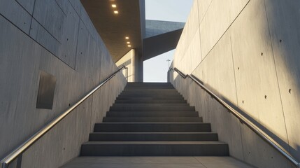 Poster - Elegant concrete staircase with a brushed metal railing leading up to a modern building entrance