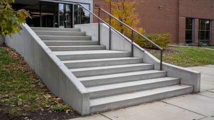 Poster - Side angle view of a staircase with uniform concrete steps and an angular steel handrail