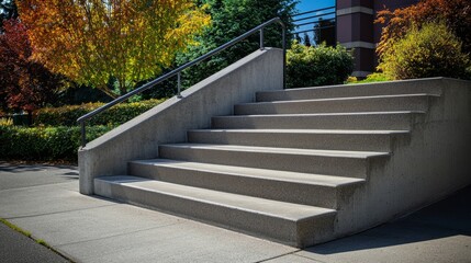 Poster - Side angle view of a staircase with uniform concrete steps and an angular steel handrail