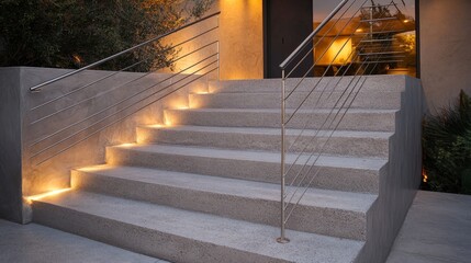 Poster - Sleek staircase detail showing textured concrete steps and thin metal railing with sharp geometry